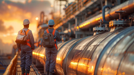 Wall Mural - Workers uniform industrial plant, makes survey, checking equipment against background