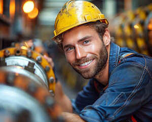 Wall Mural - Worker uniform industrial plant, makes survey, checking equipment against background