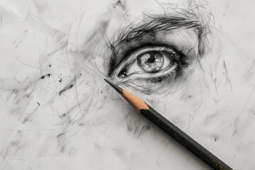 a pencil drawing of an eye, pencil with sketch lines, representing the beginning of a creative idea