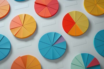 Poster - a wall with a bunch of colorful paper pies, Pie charts breaking down data into percentages for easy visualization