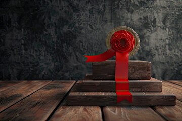 Leinwandbilder - a pink ribbon on a blue pedestal, podium with a first place ribbon, representing winning and recognition