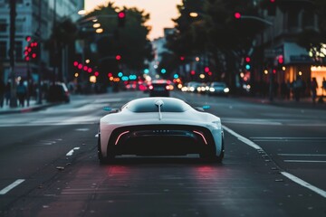 Poster - a car driving down a street next to a traffic light, revolutionary self-driving car glides silently down the street, navigating with flawless efficiency