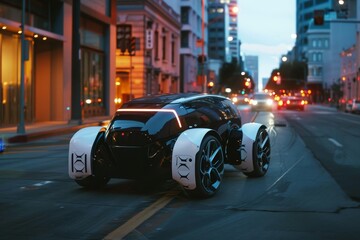 Poster - a car driving down a street next to a traffic light, revolutionary self-driving car glides silently down the street, navigating with flawless efficiency