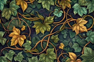 Poster - a painting of a vine with leaves, seamless pattern of intertwined vines and leaves