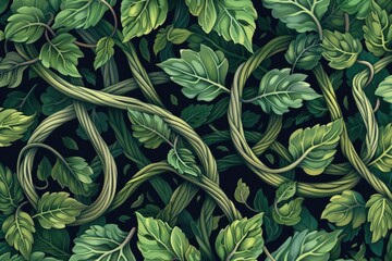 Poster - a painting of a vine with leaves, seamless pattern of intertwined vines and leaves