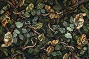 Aufkleber - a painting of a vine with leaves, seamless pattern of intertwined vines and leaves