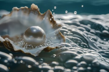 Poster - a pearl in a shell on a wave, , serene, underwater visualisation of a luxurious pearl in an oyster