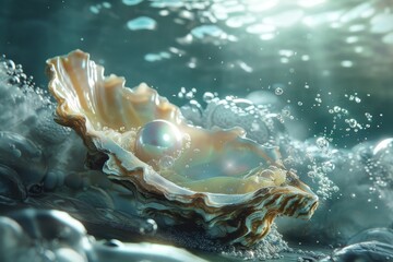 Poster - a pearl in a shell on a wave, , serene, underwater visualisation of a luxurious pearl in an oyster