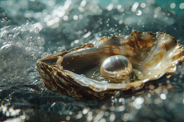 Poster - a pearl in a shell on a wave, , serene, underwater visualisation of a luxurious pearl in an oyster