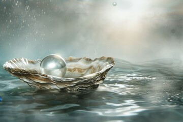Poster - a pearl in a shell on a wave, , serene, underwater visualisation of a luxurious pearl in an oyster
