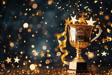Poster - a golden trophy with a sparkle effect, , shiny gold trophy with stars and ribbons, symbolizing achievement