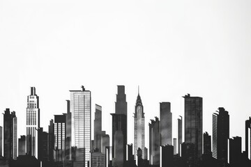 Poster - a painting of a city skyline with buildings, a computer screen with a bunch of different items on it, skyline of a bustling city where the buildings are represented by the negative space