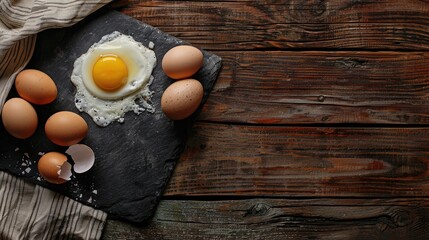 Canvas Print - Top view of fresh chicken and home eggs with cracked eggshell and yolk on black slate plate on wood background Organic ingredients for healthy cooking