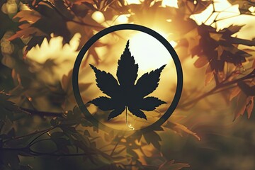 Poster - a leaf is seen in a circle with the sun behind it, small leaf silhouette inside a circle, symbolizing nature and growth