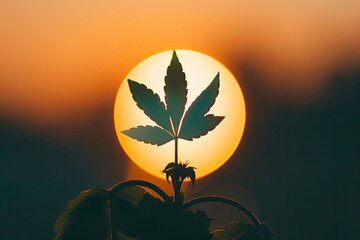 Aufkleber - a leaf is seen in a circle with the sun behind it, small leaf silhouette inside a circle, symbolizing nature and growth