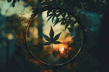 Aufkleber - a leaf is seen in a circle with the sun behind it, small leaf silhouette inside a circle, symbolizing nature and growth