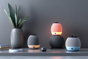 Poster - a group of smart devices sitting on top of a table, Smart speaker mockups demonstrating voice-controlled assistants and smart home devices