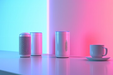 Poster - a group of smart devices sitting on top of a table, Smart speaker mockups demonstrating voice-controlled assistants and smart home devices
