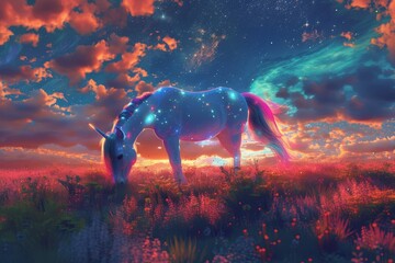 Poster - a unicorn grazing in a field at sunset, sparkling, fluorescent unicorn grazing in a vibrant meadow under a twilight sky filled with colorful, glowing constellations