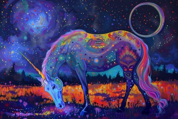 Poster - a unicorn grazing in a field at sunset, sparkling, fluorescent unicorn grazing in a vibrant meadow under a twilight sky filled with colorful, glowing constellations