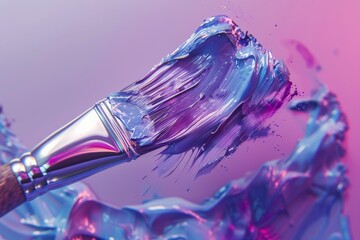 Leinwandbilder - a paintbrush is being splashed with colorful paint, spinning 3D icon of a paintbrush represents creativity