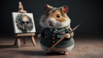 Sticker - A hamster dressed in military uniform holding a paint brush, AI