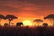 © SaroStock - a painting of elephants in a field at sunset, sunset scene over an African savanna with silhouettes of elephants and acacia trees
