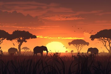 a painting of elephants in a field at sunset, sunset scene over an african savanna with silhouettes 