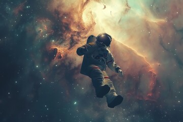 Poster - an astronaut floating in the space with a bright blue and purple background, surreal depiction of an astronaut floating serenely amidst a star-cluttered nebula