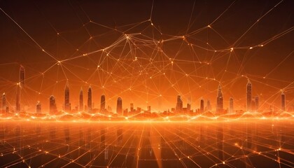 A futuristic cityscape silhouette rendered in an orange glow, connected by lines representing a network.