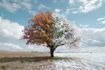 Poster - a lone tree in a field with a blue sky, tree changing through all four seasons, displaying natures resilience and cycle of life