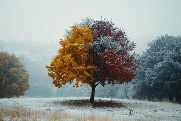 Poster - a lone tree in a field with a blue sky, tree changing through all four seasons, displaying natures resilience and cycle of life
