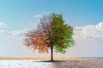Poster - a lone tree in a field with a blue sky, tree changing through all four seasons, displaying natures resilience and cycle of life