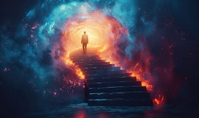 Wall Mural - a man climbs stairs into the unknown, symbolizing the road to discovery.