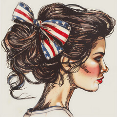 A chic and fashionable illustration of a woman with her hair styled in a romantic bun, held in place by a vibrant american flag bow tied in aknot