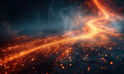 Wall Mural - an abstract image of glowing orange light streaks and particles moves through dark space, creating a