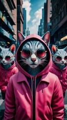 Canvas Print - A group of three cats wearing hoodies and sunglasses are walking down a street, AI