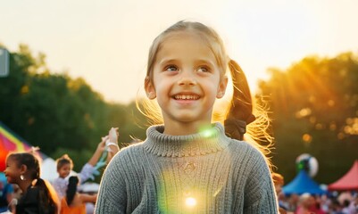 Wall Mural - Medium shot portrait video of a pleased child female that is wearing a chic cardigan against an outdoor music festival with attendees having fun background