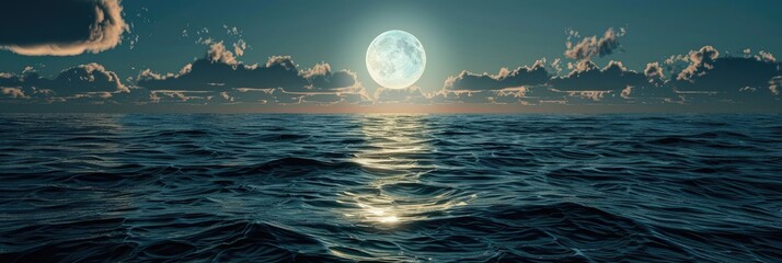 Canvas Print - Full moon shines over the ocean casting a captivating glow on the water and setting a tranquil mood