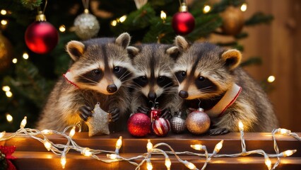 Poster - Three raccoons are sitting on a table with christmas decorations, AI