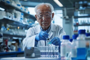 Aufkleber - A highly focused scientist in gloves and lab coat is working with test tubes and various equipment in an advanced laboratory, representing precision and scientific progress.