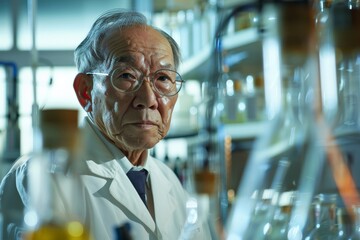 Aufkleber - An elderly scientist in a lab coat is seen in a well-equipped laboratory, surrounded by various scientific apparatus and equipment, focusing on his work.