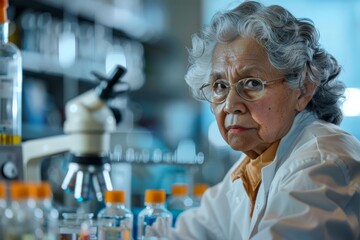 Aufkleber - An elder scientist is seen diligently working in a laboratory, surrounded by various lab equipment and chemicals, highlighting the essence of scientific research.