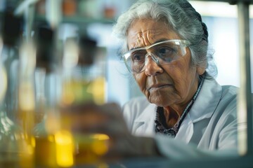 Aufkleber - An elderly scientist, intensely focused, conducts an experiment in a well-equipped laboratory, showcasing the passion and dedication to scientific discovery and research.