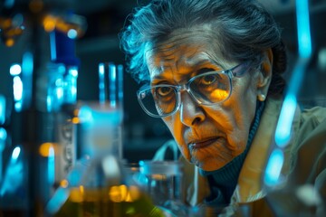 Aufkleber - An elder scientist diligently works in an illuminated laboratory, surrounded by glass lab equipment and various chemicals, emphasizing dedication to scientific research.