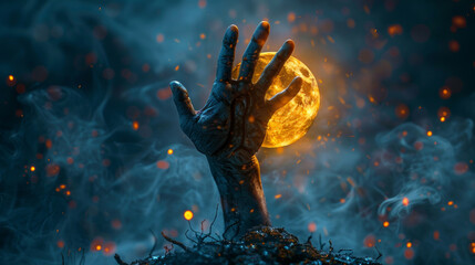 Sticker - Halloween background with zombie hands on full moon.