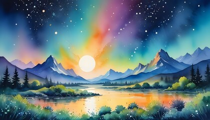 Watercolor painting of a colorful landscape with mountains, a lake, trees, and a setting sun. The sky is filled with stars and a colorful aurora borealis.