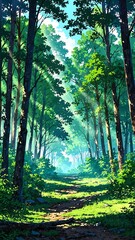 Canvas Print - dense forest with sunlight filtering background vertical backdrop illustration anime cartoon