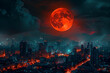 © Duckai - Red Full Moon illuminating the night city creating a spooky Halloween scene of curses and dark magic