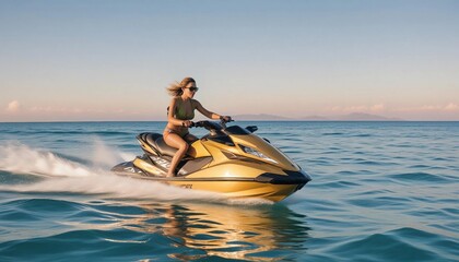 Poster - Jet ski speeding across crystal clear blue waters with a bright sky
